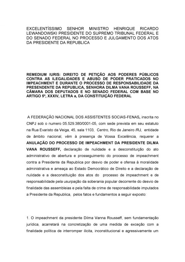 Divulgação documento de pedido de anulação do processo de impeachment da Presidente Dilma
